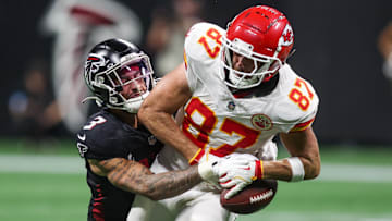 Sep 22, 2024; Atlanta, Georgia, USA; Atlanta Falcons safety Jessie Bates III (3) breaks up a pass intended for Kansas City Chiefs tight end Travis Kelce (87) in the fourth quarter at Mercedes-Benz Stadium. Mandatory Credit: Brett Davis-Imagn Images