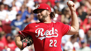 Sep 19, 2021; Cincinnati, Ohio, USA; Cincinnati Reds starting pitcher Wade Miley (22) throws a pitch against the Los Angeles Dodgers during the first inning at Great American Ball Park. Mandatory Credit: David Kohl-Imagn Images