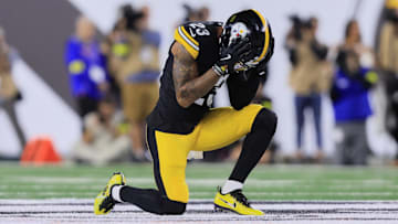 Oct 16, 2025; Cincinnati, Ohio, USA; Pittsburgh Steelers cornerback Darius Slay (23) reacts after failing to intercept a pass thrown by Cincinnati Bengals quarterback Joe Flacco (16) during the first quarter at Paycor Stadium. Mandatory Credit: Katie Stratman-Imagn Images