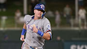 Aug 29, 2025; West Sacramento, California, USA; Texas Rangers catcher Jonah Heim (28) rounds the bases after hitting a home run against the Athletics during the fifth inning at Sutter Health Park. 