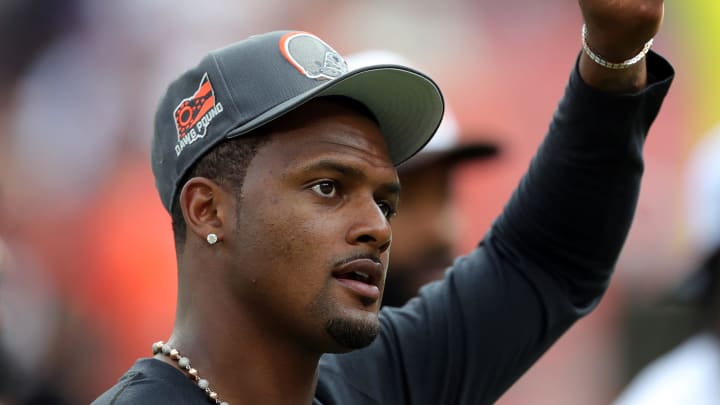 Cleveland Browns quarterback Deshaun Watson acknowledges the crowd before an NFL preseason football game at Cleveland Browns Stadium, Saturday, Aug. 17, 2024, in Cleveland, Ohio.