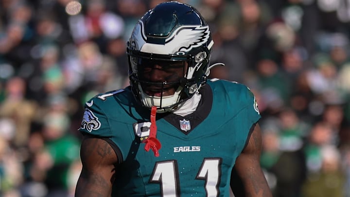 Dec 14, 2025; Philadelphia, Pennsylvania, USA; Philadelphia Eagles wide receiver A.J. Brown (11) reacts after an unsuccessful play against the Las Vegas Raiders during the second quarter at Lincoln Financial Field.