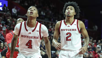 Oct 17, 2024; Piscataway, NJ, USA;Rutgers Scarlet Knights guards Airious Bailey (4) and Dylan Harper (2) get ready to grab a rebound in the first half against the St. John's Red Storm at Jersey Mike's Arena. Mandatory Credit: Wendell Cruz-Imagn Images