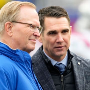 President of the New York Giants, John Mara (left) and New York Giants General Manager, Joe Schoen, speak with New York Giants Head Coach, Brian Daboll, at MetLife Stadium before their team hosts the New England Patriots, Sunday, November 26, 2023.