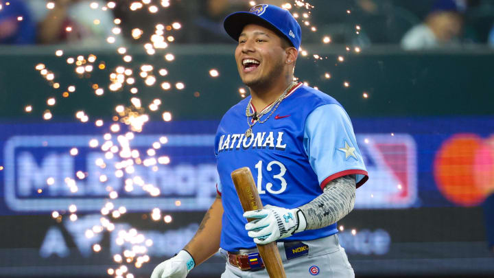 Jul 13, 2024; Arlington, TX, USA;  National League Future  catcher Moises Ballesteros reacts during the Futures Skills Showcase at Globe Life Field