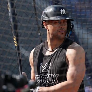 Oct 4, 2025; Toronto, Ontario, CAN; New York Yankees designated hitter Giancarlo Stanton (27) takes batting practice before game one against the Toronto Blue Jays in the ALDS round for the 2025 MLB playoffs at Rogers Centre. Mandatory Credit: Nick Turchiaro-Imagn Images