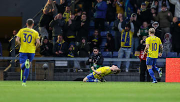 Mathias Kvistgaarden (36) of Broendby IF scores for 2-0 during the 3F Superliga match between Broendby IF and Aarhus GF at Brondby Stadion, Denmark.