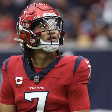 Nov 26, 2023; Houston, Texas, USA; Houston Texans quarterback C.J. Stroud (7) watches the replay board as the Texans play the Jacksonville Jaguars in the second half at NRG Stadium. Mandatory Credit: Thomas Shea-USA TODAY Sports