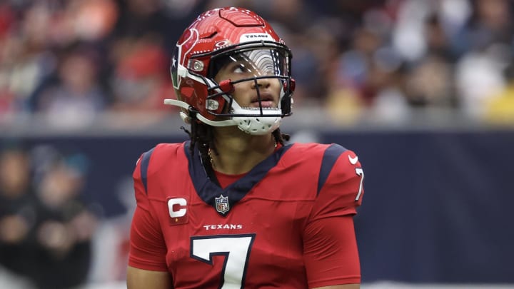 Nov 26, 2023; Houston, Texas, USA; Houston Texans quarterback C.J. Stroud (7) watches the replay board as the Texans play the Jacksonville Jaguars in the second half at NRG Stadium. Mandatory Credit: Thomas Shea-USA TODAY Sports