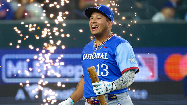 Jul 13, 2024; Arlington, TX, USA;  National League Future  catcher Moises Ballesteros reacts during the Futures Skills Showcase at Globe Life Field.  