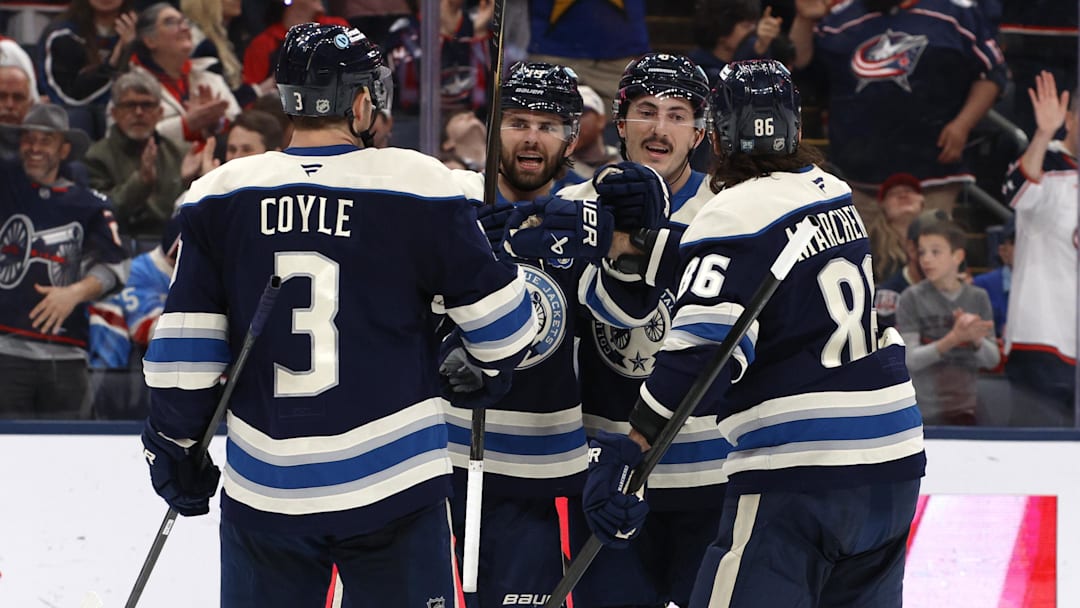 Mar 19, 2026; Columbus, Ohio, USA; Columbus Blue Jackets center Adam Fantilli (19) celebrates his goal against the New York Rangers during the second period at Nationwide Arena. Mandatory Credit: Russell LaBounty-Imagn Images Mar 19, 2026; Columbus, Ohio, USA; Columbus Blue Jackets center Adam Fantilli (19) celebrates his goal against the New York Rangers during the second period at Nationwide Arena. Mandatory Credit: Russell LaBounty-Imagn Images