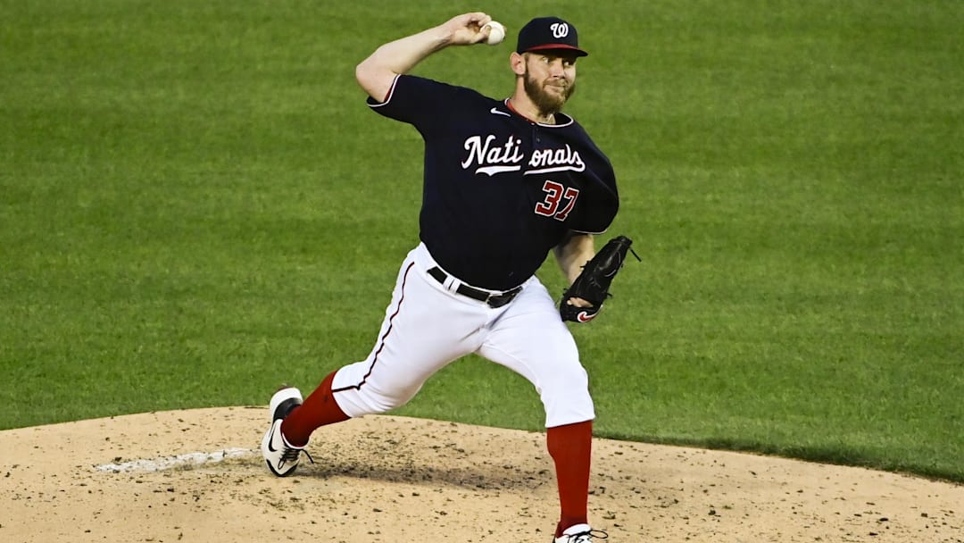 May 21, 2021; Washington, District of Columbia, USA;  Washington Nationals starting pitcher Stephen Strasburg (37) delivers pitch during the game  against the Baltimore Orioles at Nationals Park.