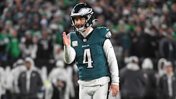 Nov 14, 2024; Philadelphia, Pennsylvania, USA; Philadelphia Eagles place kicker Jake Elliott (4) lines up a field goal against the Washington Commanders during the second quarter at Lincoln Financial Field. Mandatory Credit: Eric Hartline-Imagn Images