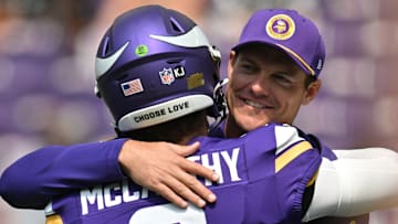 Minnesota Vikings quarterback J.J. McCarthy and coach Kevin O'Connell react before a preseason game against the Las Vegas Raiders at U.S. Bank Stadium in Minneapolis on Aug. 10, 2024.
