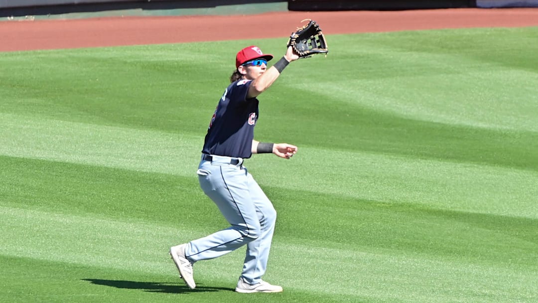 Feb 29, 2024; Tempe, Arizona, USA; Cleveland Guardians right fielder Chase DeLauter (6) catches a fly ball in the third inning against the Los Angeles Angels during a spring training game at Tempe Diablo Stadium. Mandatory Credit: Matt Kartozian-Imagn Images Feb 29, 2024; Tempe, Arizona, USA; Cleveland Guardians right fielder Chase DeLauter (6) catches a fly ball in the third inning against the Los Angeles Angels during a spring training game at Tempe Diablo Stadium. Mandatory Credit: Matt Kartozian-Imagn Images