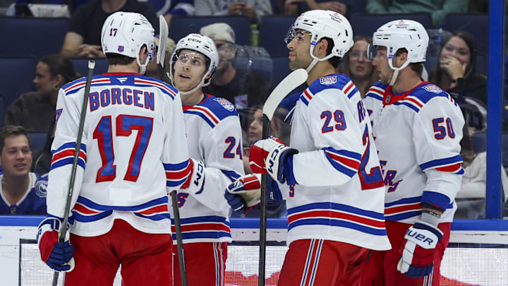 Apr 15, 2026; Tampa, Florida, USA; New York Rangers left wing Tye Kartye (24) reacts after an assist on a goal against the Tampa Bay Lightning in the second period at Benchmark International Arena.