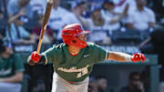 Jul 8, 2023; Seattle, Washington, USA; National League Futures designated hitter Justin Crawford (13) of the Philadelphia Phillies hits an RBI-sacrifice fly against the American League Futures during the second inning of the All Star-Futures Game at T-Mobile Park