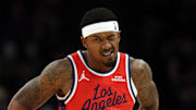 Nov 6, 2025; Phoenix, Arizona, USA; Los Angeles Clippers guard Bradley Beal (0) reacts against the Phoenix Suns in the first half at the Mortgage Matchup Center. Mandatory Credit: Mark J. Rebilas-Imagn Images