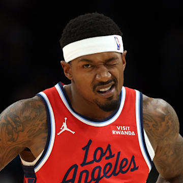 Nov 6, 2025; Phoenix, Arizona, USA; Los Angeles Clippers guard Bradley Beal (0) reacts against the Phoenix Suns in the first half at the Mortgage Matchup Center. Mandatory Credit: Mark J. Rebilas-Imagn Images