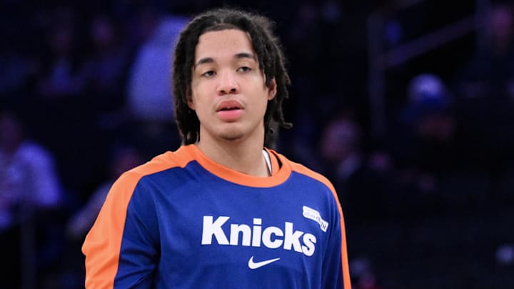 Oct 28, 2024; New York, New York, USA; New York Knicks guard Pacome Dadiet (4) during a game against the Cleveland Cavaliers at Madison Square Garden. Mandatory Credit: John Jones-Imagn Images Oct 28, 2024; New York, New York, USA; New York Knicks guard Pacome Dadiet (4) during a game against the Cleveland Cavaliers at Madison Square Garden. Mandatory Credit: John Jones-Imagn Images