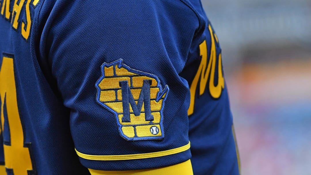 Jul 19, 2023; Philadelphia, Pennsylvania, USA; Milwaukee Brewers logo patch on the jersey of catcher William Contreras (24) against the Philadelphia Phillies  Citizens Bank Park. Mandatory Credit: Eric Hartline-Imagn Images