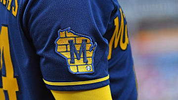 Jul 19, 2023; Philadelphia, Pennsylvania, USA; Milwaukee Brewers logo patch on the jersey of catcher William Contreras (24) against the Philadelphia Phillies  Citizens Bank Park. Mandatory Credit: Eric Hartline-Imagn Images