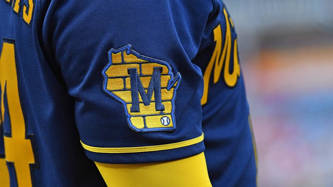 Jul 19, 2023; Philadelphia, Pennsylvania, USA; Milwaukee Brewers logo patch on the jersey of catcher William Contreras (24) against the Philadelphia Phillies  Citizens Bank Park. Mandatory Credit: Eric Hartline-Imagn Images