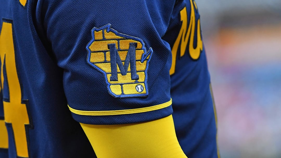 Jul 19, 2023; Philadelphia, Pennsylvania, USA; Milwaukee Brewers logo patch on the jersey of catcher William Contreras (24) against the Philadelphia Phillies  Citizens Bank Park. Mandatory Credit: Eric Hartline-Imagn Images