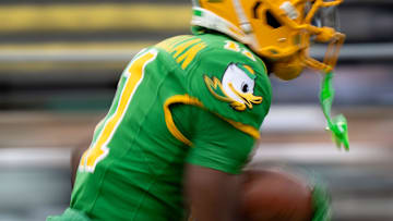 The Oregon Duck adorns the uniforms as the Oregon Ducks host the Maryland Terrapins at Autzen Stadium Saturday, Nov. 9, 2024 in Eugene, Ore.