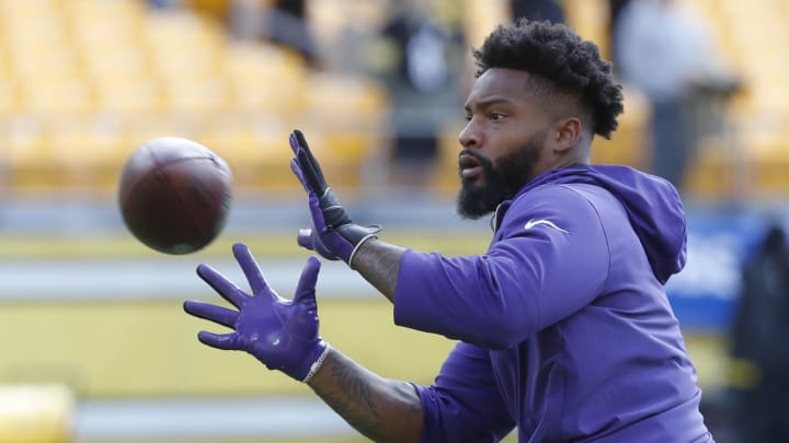 Oct 8, 2023; Pittsburgh, Pennsylvania, USA; Baltimore Ravens cornerback Arthur Maulet (10) warms up before the game against the Pittsburgh Steelers at Acrisure Stadium. Mandatory Credit: Charles LeClaire-USA TODAY Sports