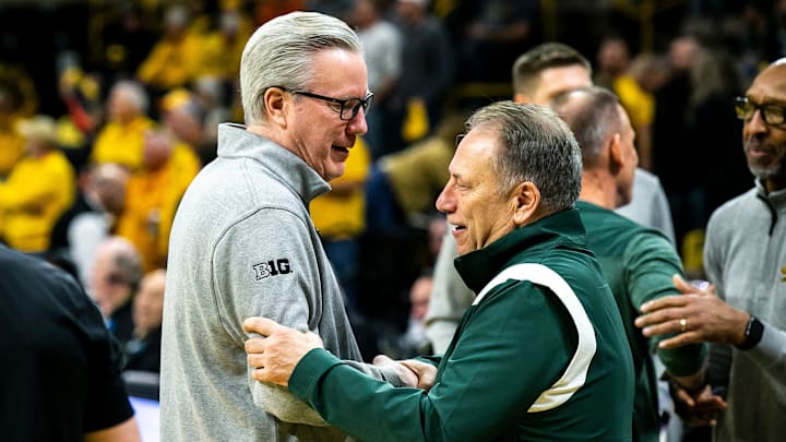 Iowa head coach Fran McCaffery, left, and Michigan State head coach Tom Izzo greet each other before a NCAA Big Ten Conference men's basketball game, Saturday, Feb. 25, 2023, at Carver-Hawkeye Arena in Iowa City, Iowa.

230225 Mich St Iowa Mbb 006 Jpg