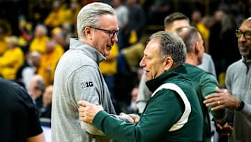 Iowa head coach Fran McCaffery, left, and Michigan State head coach Tom Izzo greet each other before a NCAA Big Ten Conference men's basketball game, Saturday, Feb. 25, 2023, at Carver-Hawkeye Arena in Iowa City, Iowa.

230225 Mich St Iowa Mbb 006 Jpg