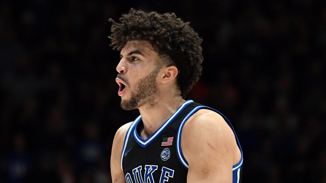 Dec 2, 2025; Durham, North Carolina, USA; Duke Blue Devils forward Cameron Boozer (12) reacts during the second half against the Florida Gators at Cameron Indoor Stadium.  The Blue Devils won 67-66. Mandatory Credit: Rob Kinnan-Imagn Images