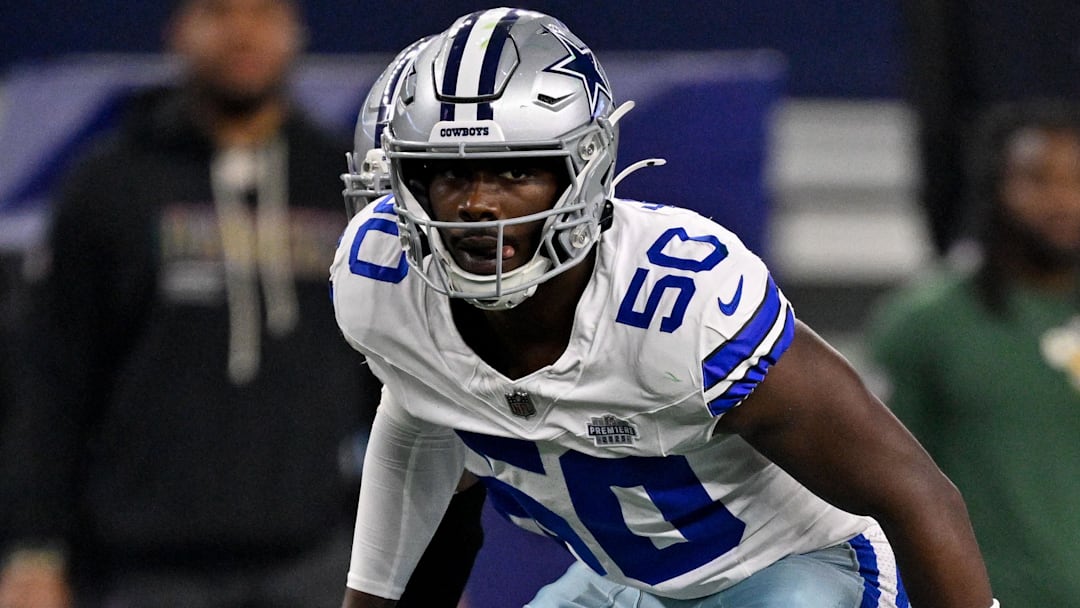 Sep 28, 2025; Arlington, Texas, USA; Dallas Cowboys linebacker Shemar James (50) lines up during the game between the Dallas Cowboys and the Green Bay Packers at AT&T Stadium.