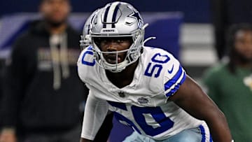 Sep 28, 2025; Arlington, Texas, USA; Dallas Cowboys linebacker Shemar James (50) lines up during the game between the Dallas Cowboys and the Green Bay Packers at AT&T Stadium.