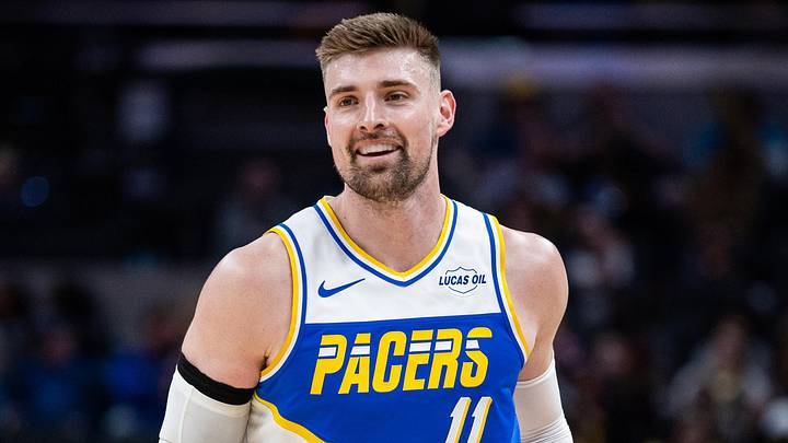 Mar 29, 2026; Indianapolis, Indiana, USA;  Indiana Pacers center Micah Potter (11) celebrates a made basket in the first half against the Miami Heat at Gainbridge Fieldhouse. Mandatory Credit: Trevor Ruszkowski-Imagn Images