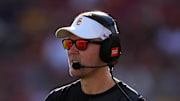 Aug 30, 2025; Los Angeles, California, USA; Southern California Trojans head coach Lincoln Riley watches from the sidelines against the Missouri State Bears in the first half at United Airlines Field at Los Angeles Memorial Coliseum. Mandatory Credit: Kirby Lee-Imagn Images