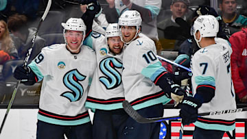 Dec 23, 2023; Anaheim, California, USA; Seattle Kraken left wing Tomas Tatar (90) celebrates his goal scored against the Anaheim Ducks during the third period at Honda Center. Mandatory Credit: Gary A. Vasquez-Imagn Images