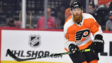 Sep 28, 2021; Philadelphia, Pennsylvania, USA; Philadelphia Flyers defenseman Ryan Ellis (94) against the New York Islanders at Wells Fargo Center. Mandatory Credit: Eric Hartline-Imagn Images