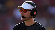 Aug 30, 2025; Los Angeles, California, USA; Southern California Trojans head coach Lincoln Riley watches from the sidelines against the Missouri State Bears in the first half at United Airlines Field at Los Angeles Memorial Coliseum. Mandatory Credit: Kirby Lee-Imagn Images