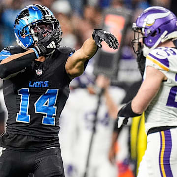 Detroit Lions wide receiver Amon-Ra St. Brown (14) celebrates a first down against Minnesota Vikings during the second half at Ford Field in Detroit on Sunday, Jan. 5, 2025.