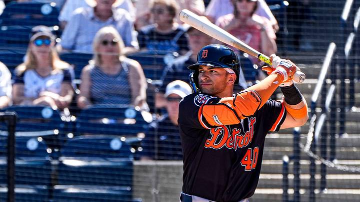 Detroit Tigers outfielder Trei Cruz bats against New York Yankees during the second inning at George M. Steinbrenner Field in Tampa, Fla. on Saturday, Feb. 21, 2026.