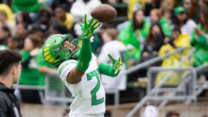 Oregon defensive back Aaron Flowers goes up for a pass during warmups ahead of the Oregon Ducks’ Spring Game Saturday, April 27. 2024 at Autzen Stadium in Eugene, Ore.