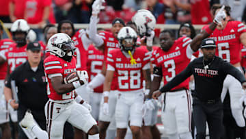 Texas Tech's J'Koby Williams returns a kickoff for a touchdown against Oklahoma State in a Big 12 football game Saturday, Oct. 25, 2025, at Jones AT&T Stadium.