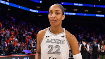 Oct 8, 2025; Phoenix, Arizona, USA; Las Vegas Aces center A'ja Wilson (22) against the Phoenix Mercury during game three of the 2025 WNBA Finals at PHX Arena. Mandatory Credit: Mark J. Rebilas-Imagn Images