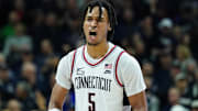 Jan 31, 2024; Storrs, Connecticut, USA; UConn Huskies guard Stephon Castle (5) reacts after his three point basket against the Providence Friars in the second half at Harry A. Gampel Pavilion. Mandatory Credit: David Butler II-Imagn Images