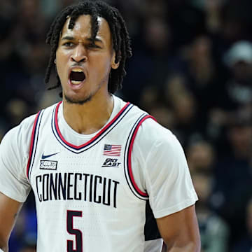 Jan 31, 2024; Storrs, Connecticut, USA; UConn Huskies guard Stephon Castle (5) reacts after his three point basket against the Providence Friars in the second half at Harry A. Gampel Pavilion. Mandatory Credit: David Butler II-Imagn Images