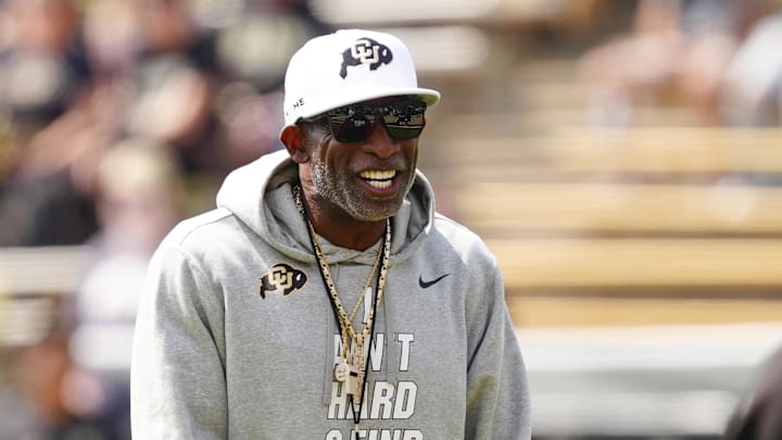 Sep 6, 2025; Boulder, Colorado, USA; Colorado Buffaloes head coach Deion Sanders before the game against the Delaware Fightin Blue Hens at Folsom Field. Mandatory Credit: Ron Chenoy-Imagn Images