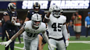 Nov 30, 2025; Inglewood, California, USA; Las Vegas Raiders defensive end Maxx Crosby (98) reacts after a tackle against the Los Angeles Chargers during the second half at SoFi Stadium. Mandatory Credit: Kiyoshi Mio-Imagn Images