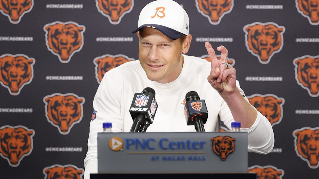 Chicago Bears head coach Ben Johnson speaks during training camp at Halas Hall.